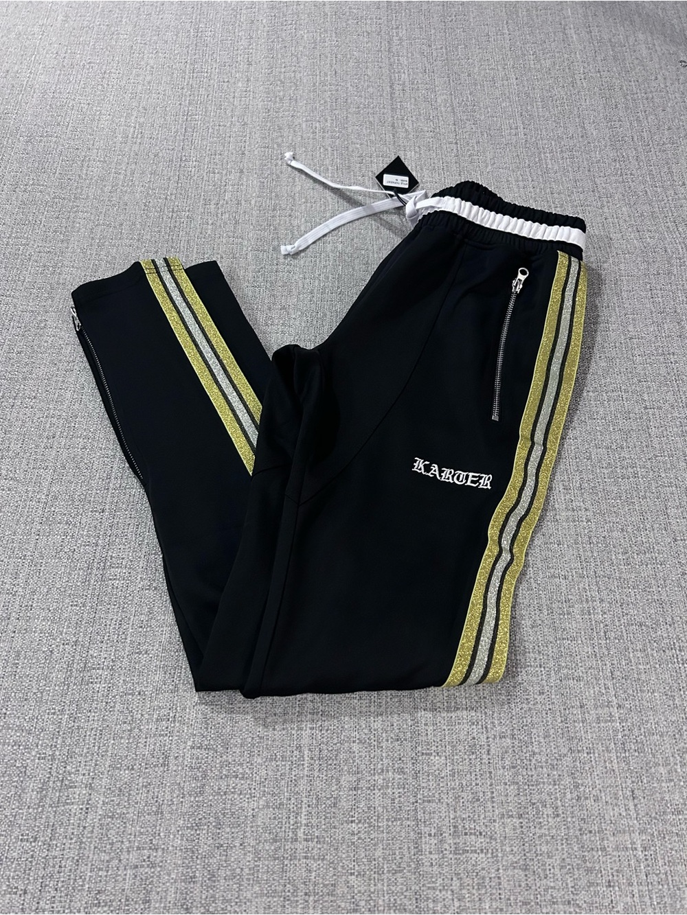 Karter Collection  Black Joggers with Gold & Silver Metallic Stripe Size S.  NWT